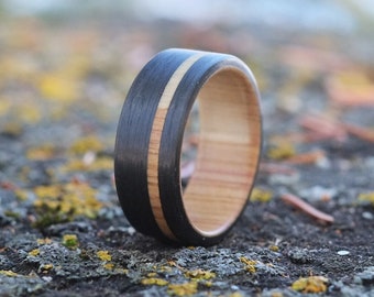 Wood Ring - Lilac Wood with Black Carbon Fibre - Rustic Wedding Band for Men and Women