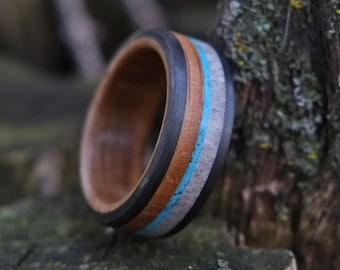 Wood & Antler Ring with Turquoise Inlay and Carbon Fiber - Black Wedding Band - Stone Ring - Rustic Wedding