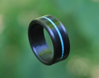 Turquoise and Buffalo Horn Wedding Band - Black Ring for Men - Crushed Stone Inlay