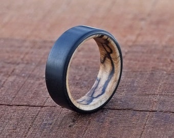 Non Conductive Ring - Composite Wood Ring - Black Micarta Band Spalted Maple