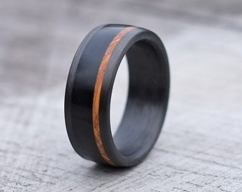 Bison Horn and Whiskey Barrel - Domed Carbon Fibre Band Rustic Wedding - Mens Black Ring
