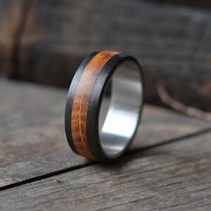 Whiskey Barrel Wood Ring - Carbon Fibre, Stainless Steel with Black Bands, Mens Engagement