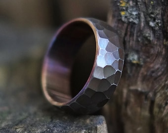 Mens Ring - Textured Wedding Band - Faceted Steel Engagement Ring - Handcrafted in Canada