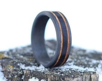 Buffalo Horn Ring with Whiskey Barrel Wood and Carbon Fiber - Rustic Wedding Band - Bison and Bourbon - Mens Black Ring