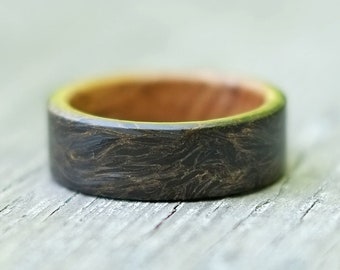 Forged Carbon and Wood Ring - Whiskey Barrel Oak with. Golden Black Matrix Mens Wedding Band - Made in Canada