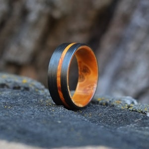 Maple Wood Ring - Colored Wood and Carbon Fiber - Wooden Wedding Band for Men - Black and Orange