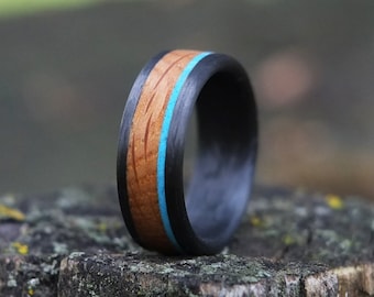 Whisky Barrel and Turquoise Ring - Wooden Mens Ring with Black Carbon Fiber Bands Crushed Stone Inlay