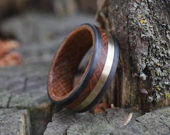 Bourbon and Brass Ring - Carbon Fiber Bands, Black Wooden Ring, Rustic Mens Wedding Gold