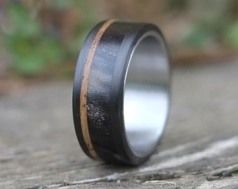 Buffalo Horn and Whiskey Barrel Wedding Band - Carbon Fiber Ring