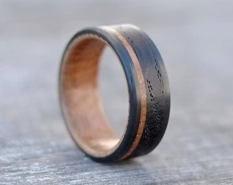 Bog Wood Ring - Wine Barrel and Bog Oak Wedding Band with Carbon Fiber - Rustic Handmade - Engagement