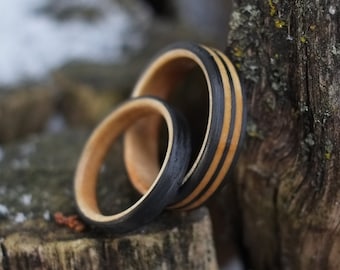 Couples Rings - Wooden Wedding Bands with Black Carbon Fiber - Matching Engagement Bands