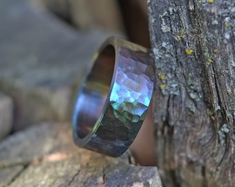 Forged Wedding Band - Hammered Stainless Steel Mens Ring
