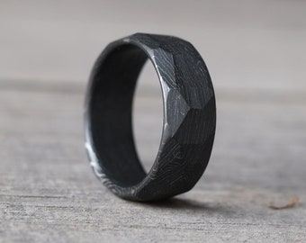 Forged Carbon Ring - Black Band - Faceted Mens Wedding