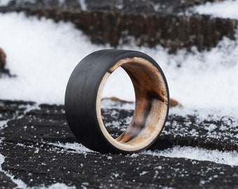 Wooden Ring - Bound in Black Carbon - Subtle Minimal Wedding Ring for Outdoorsmen