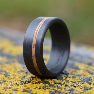 Carbon Fibre Ring with Whiskey Barrel Oak - Black Wedding Band for Men - Rustic Wood