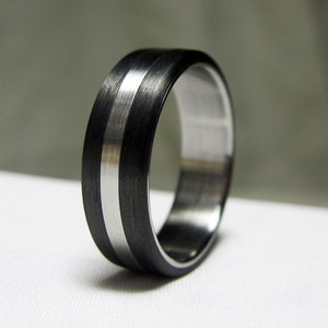 Mens Wedding Band - Black Carbon Fibre and Steel - Simple, Minimalist Engagement