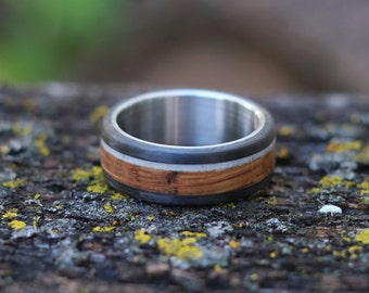 Bourbon Barrel Ring with Antler, Carbon Fiber and Steel - Mens Rustic Ring - Handcrafted Wood Wedding Band