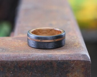 Whisky Barrel Ring - Rustic Oak and Carbon Fiber Ring - Mens Wedding Band - Black