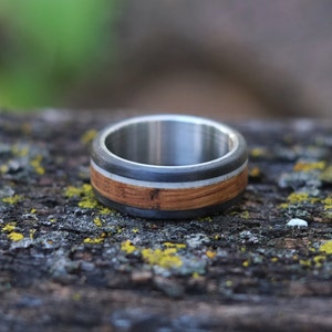 Bourbon Barrel Ring with Antler, Carbon Fiber and Steel - Mens Rustic Ring - Handcrafted Wood Wedding Band