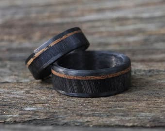 Bison Horn Ring with Whiskey Barrel Wood and Carbon Fiber, Mens Wood Wedding Ring, Unique Wedding Band, Gifts for Him