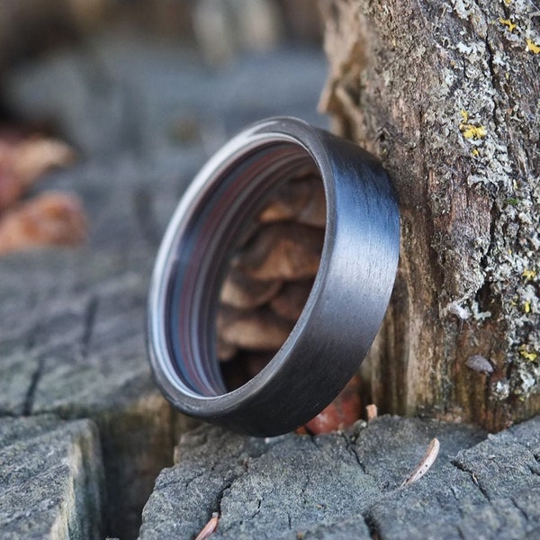 Fordite and Carbon Band - Mens Wedding Ring - Industrial Design - Black Engagement Ring