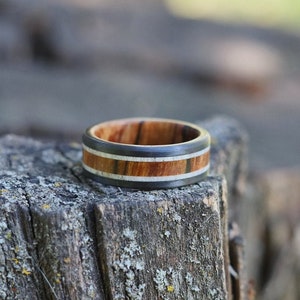 Antler Wedding Band with Wood and Black Carbon Fiber - Rustic Mens Engagement Ring - Outdoor Wedding