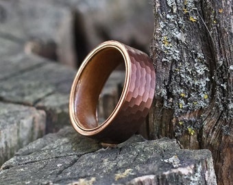 Wood and Tungsten Ring - Faceted Bronze with Wooden Koa Lining - Mens Wedding Band