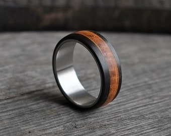 Whiskey Barrel Oak with Carbon Fiber - Wood Ring - Black Mens Wedding Band - Male Engagement