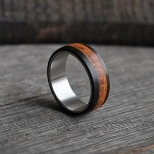 Whiskey Barrel Oak with Carbon Fiber - Wood Ring - Black Mens Wedding Band - Male Engagement