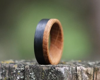 Rustic Wedding Band - Whisky Barrel and Carbon Fiber Composite Ring - Mens Black Wood Ring