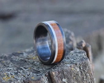 Mens Wedding Band - Carbon Fibre Ring with Whiskey Barrel Oak and Deer Antler - Black Engagement Ring for a Man