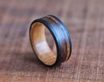 Bison Horn Ring with Whiskey Barrel Wood and Carbon Fibre - Rustic Wedding Band - Buffalo and Bourbon