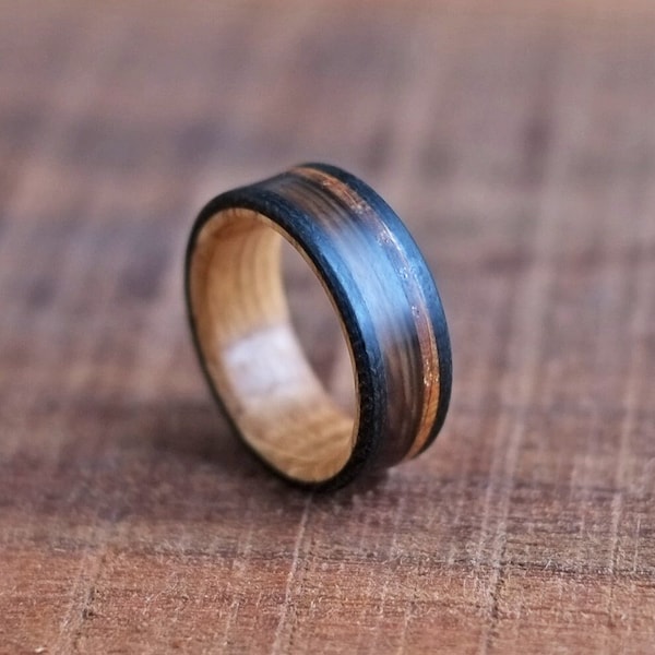 Bison Horn Ring with Whiskey Barrel Wood and Carbon Fibre - Rustic Wedding Band - Buffalo and Bourbon