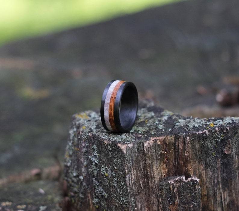 Wood Ring Whiskey Barrel Wood, Carbon Fiber Band image 1