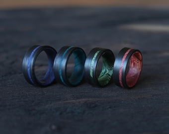 Elm and Carbon Fiber Rings - Coloured Wooden Bands with Black Edging