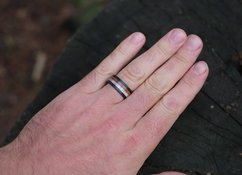 Wood Ring Whiskey Barrel Wood, Carbon Fiber Band image 2