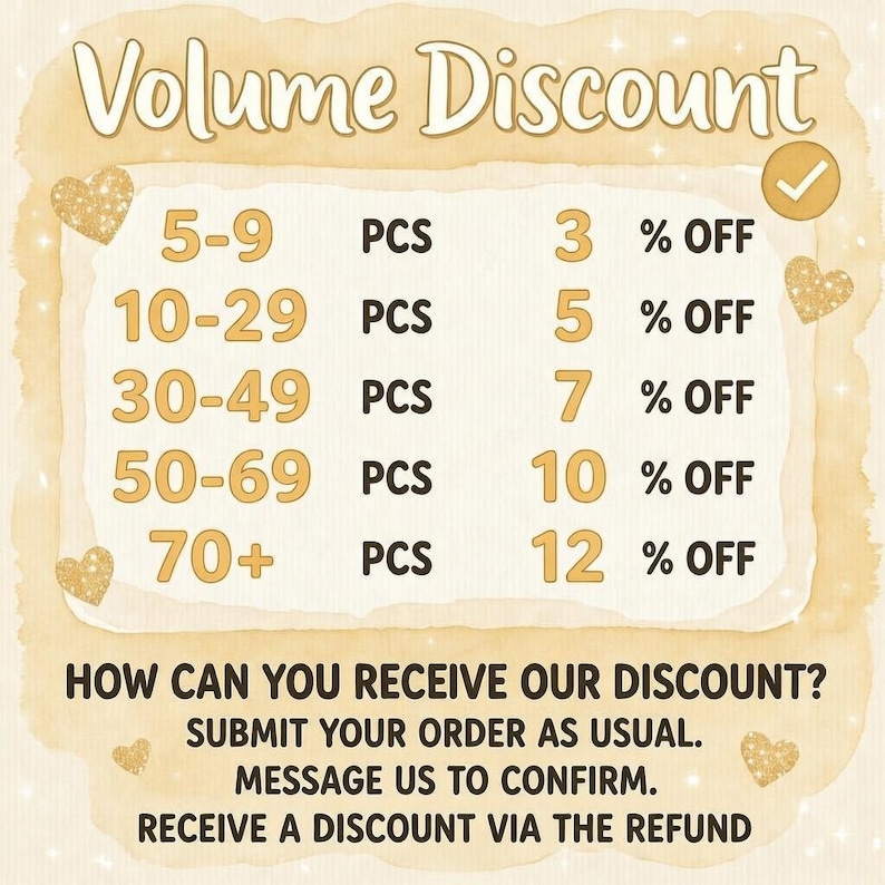May include: A beige graphic chart titled Volume Discount listing tiered savings from 3% to 12% for quantities ranging from 5 to 70+ pieces. The text includes instructions to submit an order, message to confirm, and receive a refund for the discount.