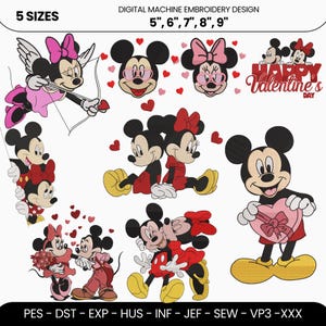 May include: Digital machine embroidery designs featuring Mickey and Minnie Mouse in various poses, including Valentine's Day themes. Designs include the text "Happy Valentine's Day" and are available in 5 sizes: 5", 6", 7", 8", and 9".