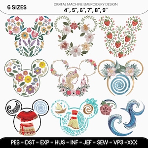 Cartoon Mouse Floral Embroidery Design, Princess Ears Motif, Moana Island Waves, Tropical Strawberry Bouquet, Machine File, digital download