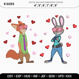 May include: Digital machine embroidery design featuring a fox and a rabbit, both wearing heart-shaped sunglasses, surrounded by red and pink hearts. The design is available in 6 sizes, ranging from 4 to 9 inches.