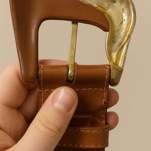 以下が含まれることがあります： 金色のバックルが付いた茶色の革ベルトのクローズアップ。バックルは装飾的なデザインです。ベルトは手で持たれています。革は良好な状態のようです。
