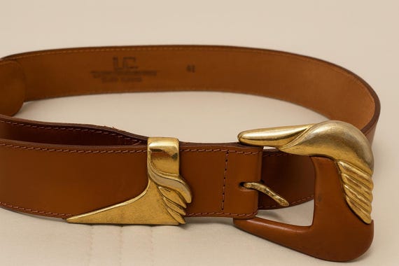 Ugo Correani Vintage Leather Belt, 1980s Italian Designer, Sculptural Gold Buckle, Cognac Brown, 4cm Wide
