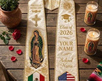 Custom Virgin Mary Graduation Stole Class of 2026 Personalized print Mexican American Heritage Sash Our Lady of Guadalupe Graduation Stole