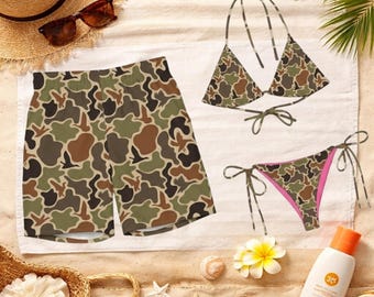 Camouflage Swimwear Set for Couples Matching Duck Hunting Camo Bikini and Mens Swim Trunks Outdoor Adventure Beachwear Honeymoon Gift