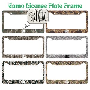 May include: Six camouflage license plate frames in various patterns. The frames feature a rectangular design with a central opening for the license plate. Each frame has a different camouflage pattern, including green, brown, and gray variations. The text "Camo License Plate Frame" is at the top.