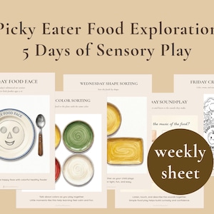 Puede incluir: Un gráfico educativo beige titulado "Picky Eater Food Exploration" con el texto "5 Days of Sensory Play". El gráfico incluye ilustraciones y texto para actividades como "Food Face", "Shape Sorting" y "Crown Time".