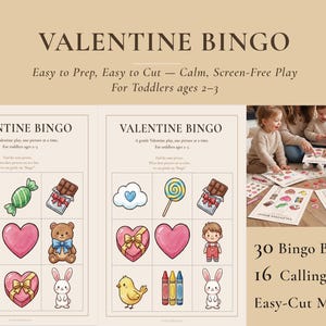 May include: Valentine Bingo game set for toddlers ages 2-3. The game includes 30 bingo boards, 16 calling cards, and easy-cut markers. The game features illustrations of hearts, candy, and other Valentine's Day-themed images.