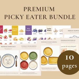 Puede incluir: Un conjunto de materiales educativos para comedores exigentes. La imagen presenta gráficos coloridos de frutas y verduras, platos con comida y páginas de actividades. El texto incluye "Premium Picky Eater Bundle" y "10 pages".