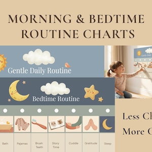 Könnte beinhalten: Ein Kinder-Routine-Chart mit dem Text "MORNING & BEDTIME ROUTINE CHARTS". Die Tabelle zeigt Illustrationen von Sonne, Mond, Sternen, Wolken und täglichen Aktivitäten. Der Text "Less Chaos, More Calm" ist ebenfalls vorhanden.