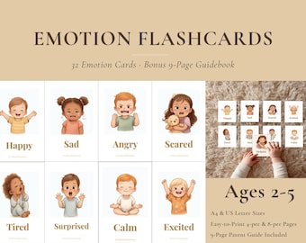 Full Set 32 | Printable Emotion Flashcards for Kids | Feelings Cards + Bonus Guidebook | Toddler SEL, Emotion Regulation, Montessori